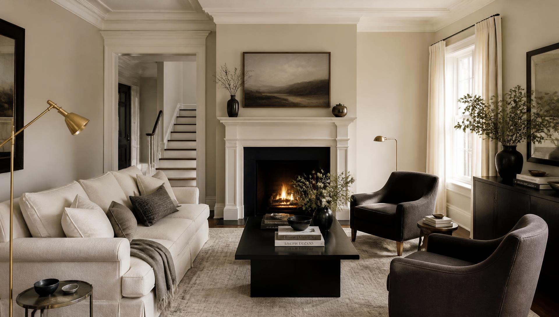 Elegant New England living room with linen upholstered sofa and brass floor lamp